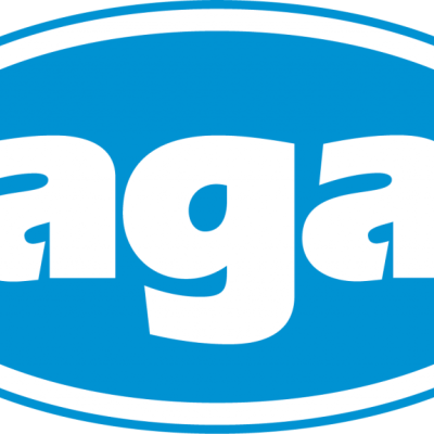 Logotipo com texto 'aga' branco dentro de oval azul