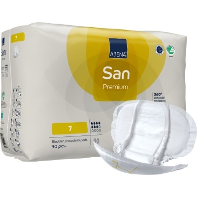 Pacote de pensos absorbentes Abena San Premium com pensos brancos destacados