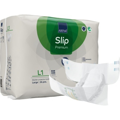 Pacote de fraldas Abena Slip Premium L1 tamanho Large com 26 unidades e uma fralda aberta ao lado
