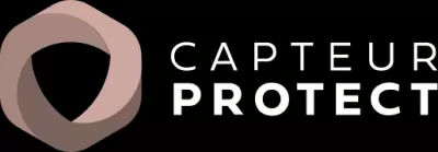 Logotipo CAPTEUR PROTECT com formas curvas em tons castanhos sobre fundo preto