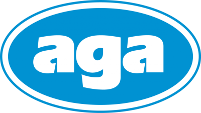 Logotipo com texto 'aga' branco dentro de oval azul