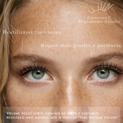 Close-up de olhos com pestanas postiços Volume Russo Subtil preto e castanho