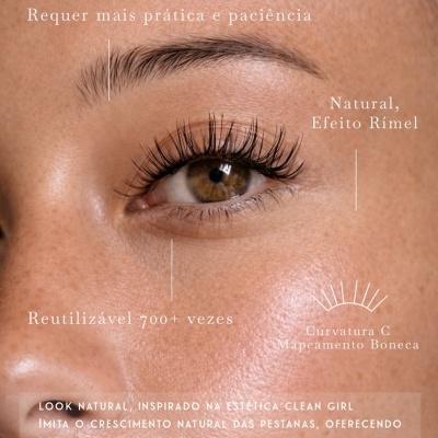 Olho de mulher com pestanas postiças Palma Magnetic Lashes Clean Girl com texto descritivo ao redor