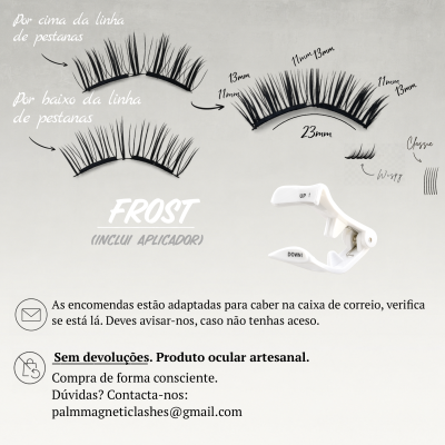 Pestanas postiças pretas com medidas e texto em português explicativo numa imagem informativa.