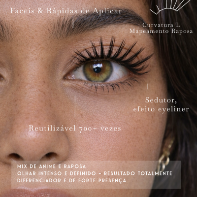 Close-up de olho com pestanas postiços magnéticos e texto promocional em português.