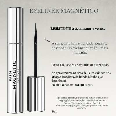 Eyeliner magnético com embalagem prateada e texto preto