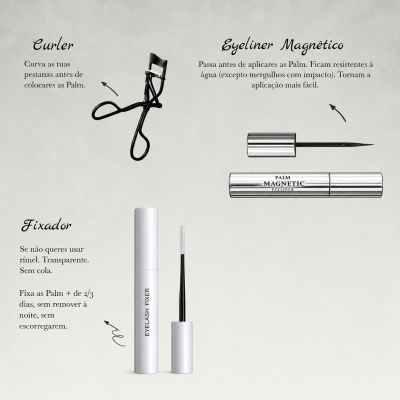Produtos de maquilhagem em fundo cinza: curvador preto, eyeliner magnético prateado e fixador branco transparente