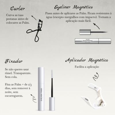 Produtos de beleza para olhos com descrição em português.