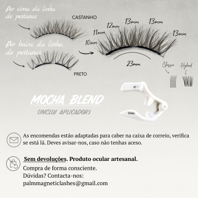 Pestanas falsas castanho e preto com aplicador branco e texto explicativo em português