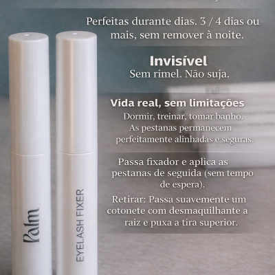 Dois frascos brancos de fixador de pestanas com texto explicativo em fundo cinzento.