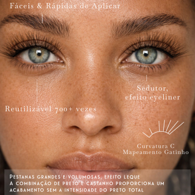 Rosto com pestanas magnéticas Palm Magnetic Lashes MOCHA BLEND aplicadas, destacando olhos, pestanas e texto informativo.