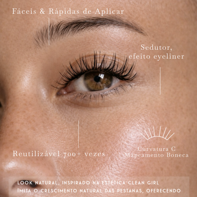 Close-up a um olho feminino com pestanas postiças naturais magnéticas e texto promocional em português.
