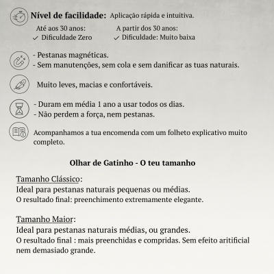 Texto com informações sobre pestanas magnéticas, facilidade de aplicação e tamanhos