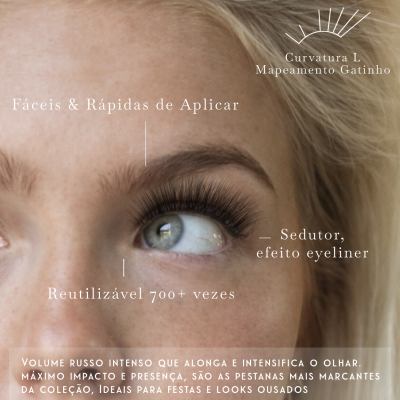 Modelo loira com pestanas postiços pretas volumosas aplicadas e textos promocionais em português sobre pestanas