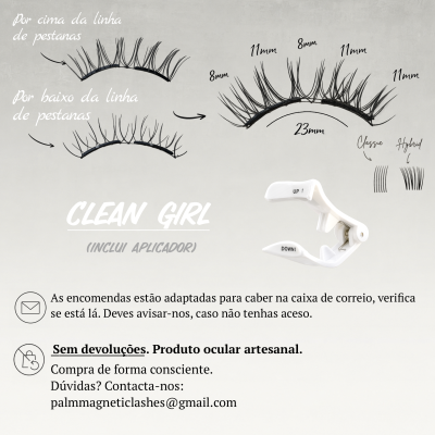 Desenhos de pestanas artificiais e aplicador branco com indicações em português.