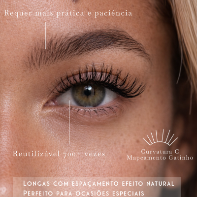 Olho com pestanas longas e texto promocional de pestanas magnéticas