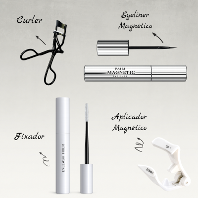 Produtos de beleza de pestanas incluindo curvador preto, eyeliner e aplicador magnéticos, fixador de pestanas branco e curvador com instruções UP 1 DOWN!