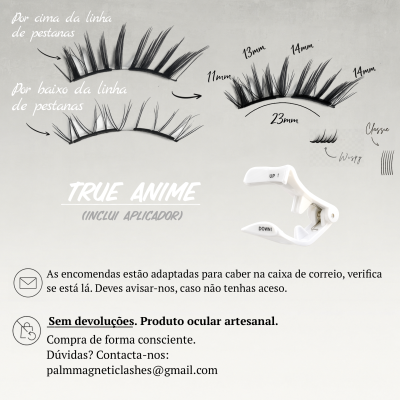 Pestanas magnéticas pretas com medidas e aplicador branco com texto UP e DOWN.