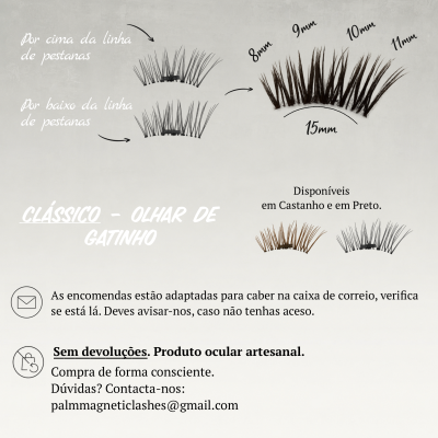Extensões de pestanas magnéticas em castanho e preto com comprimentos indicados em milímetros e texto explicativo em português.