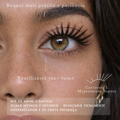 Close-up de um olho feminino com pestanas postiços longos e volumosos castanhos claros