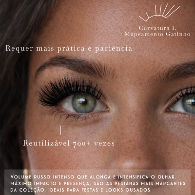 Mulher com pestanas postiças volumosas pretas com texto sobrepostas a indicar características do produto