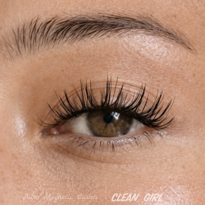 Close-up do olho de uma pessoa com pestanas postas e texto Palm Magnetic Lashes | CLEAN GIRL.