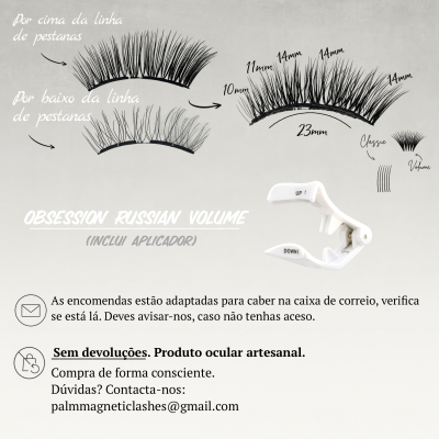 Desenho e medições de pestanas postiços pretos com texto explicativo em português