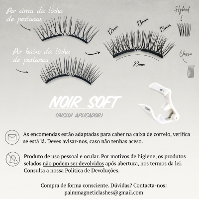 Pestanas artificiais pretas e aplicador branco com instruções em português.