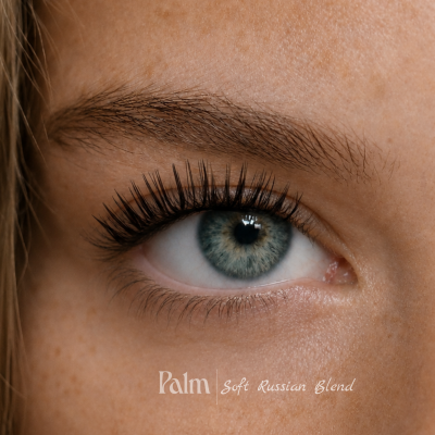 Close-up de olho azul com sobrancelha castanha e texto Palm soft Russian Blend
