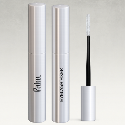 Dois tubos prateados e aplicador de pincel para cílios com textos Rahm e EYELASH FIXER