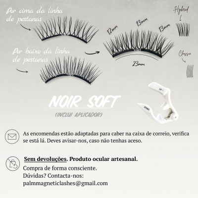 Extensões de pestanas falsas pretas intituladas NOIR SOFT comindicadores de tamanho e aplicador branco.