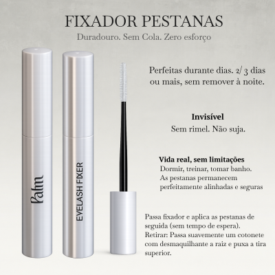 Fixador de pestanas em frascos metálicos prateados com escova de aplicador e texto explicativo em português