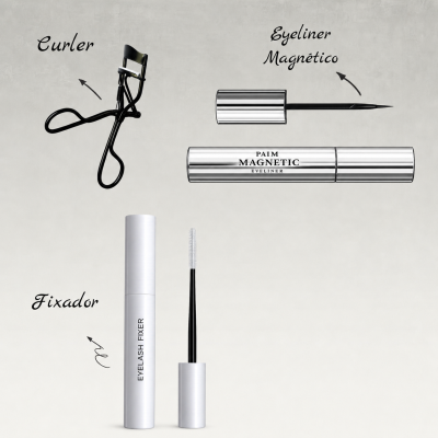 Curvador de pestanas preto, eyeliner magnético prateado com texto, fixador de pestanas branco com aplicador