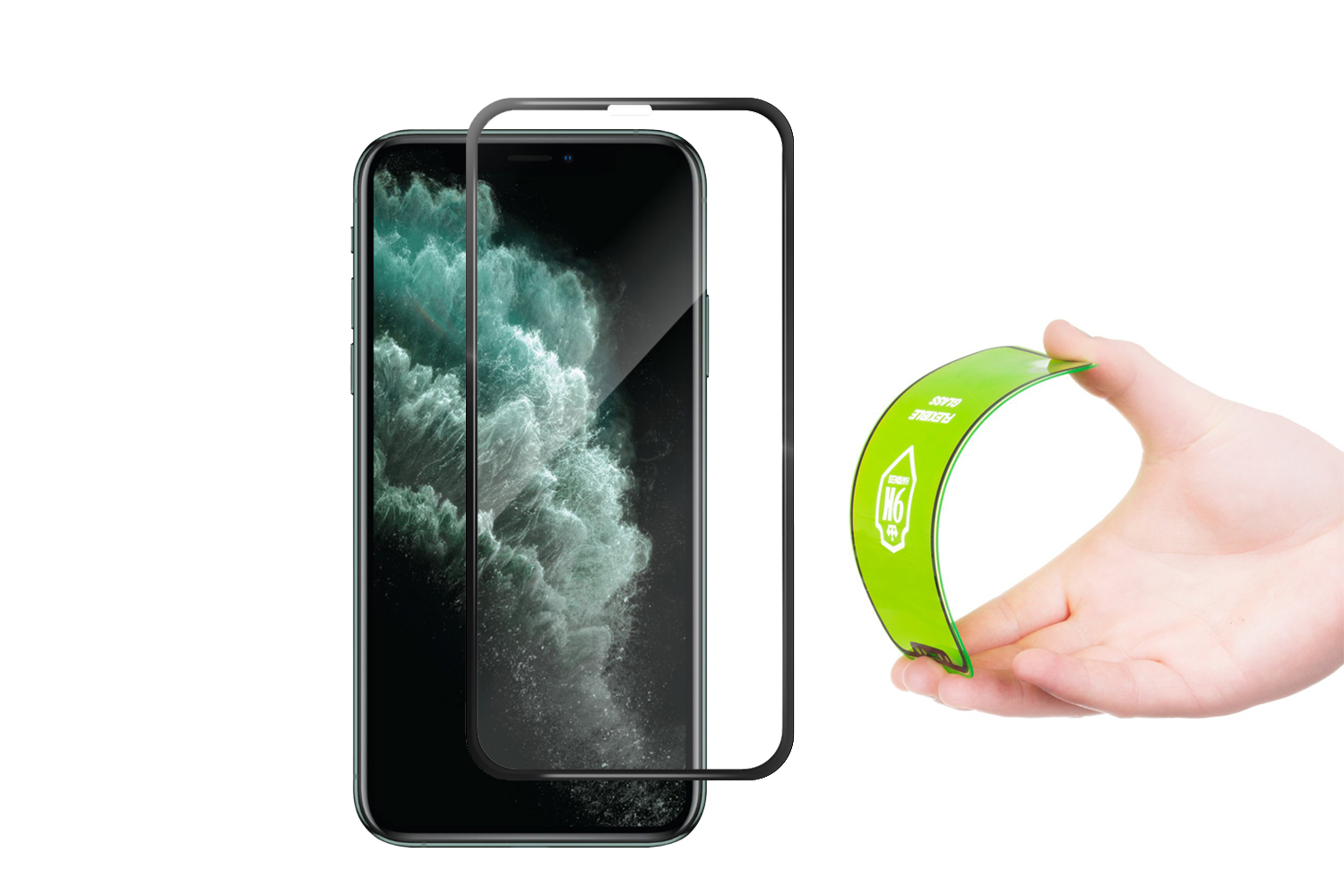 Película de Protecção Nano-Flex em Vidro Temperado Híbrido 5D Wozinsky para iPhone 11 Pro/XS/X Smartphone com proteção de ecrã transparente e mão segurando fita verde flexível