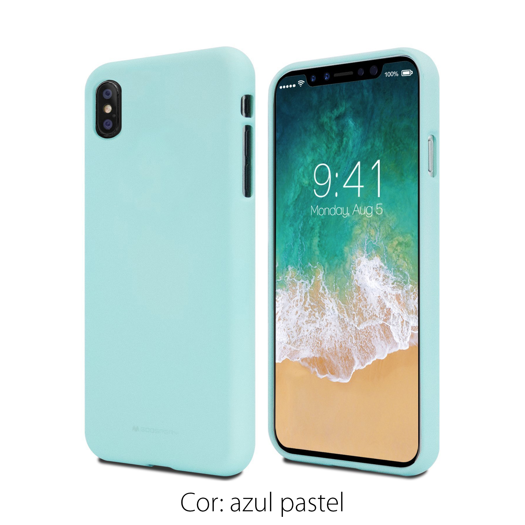 iPhone X/XS Capa Fina Silicone Soft Feeling Goospery Smartphone com capa de silicone azul pastel mostrando ecrã com data e hora
