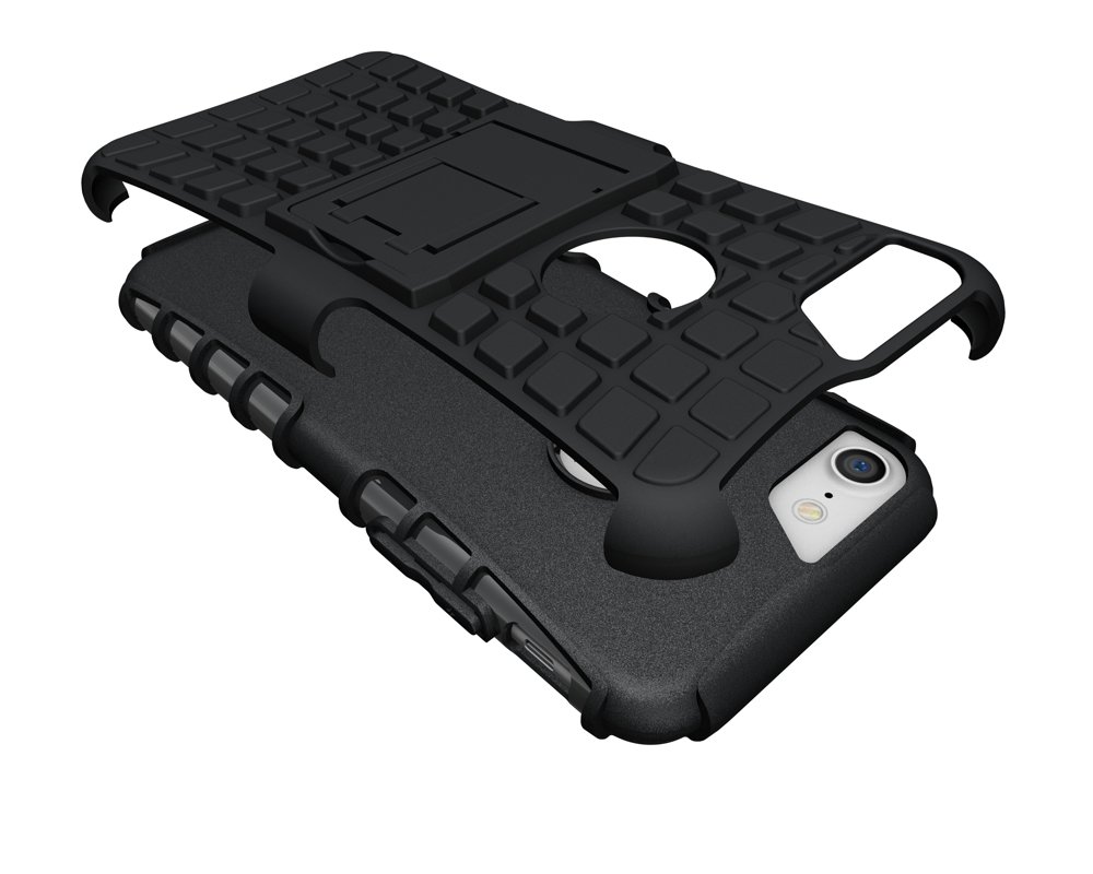 iPhone 7/8 Capa Híbrida Stand Anti-Shock Capa protetora preta para smartphone com suporte integrado e textura quadrada.