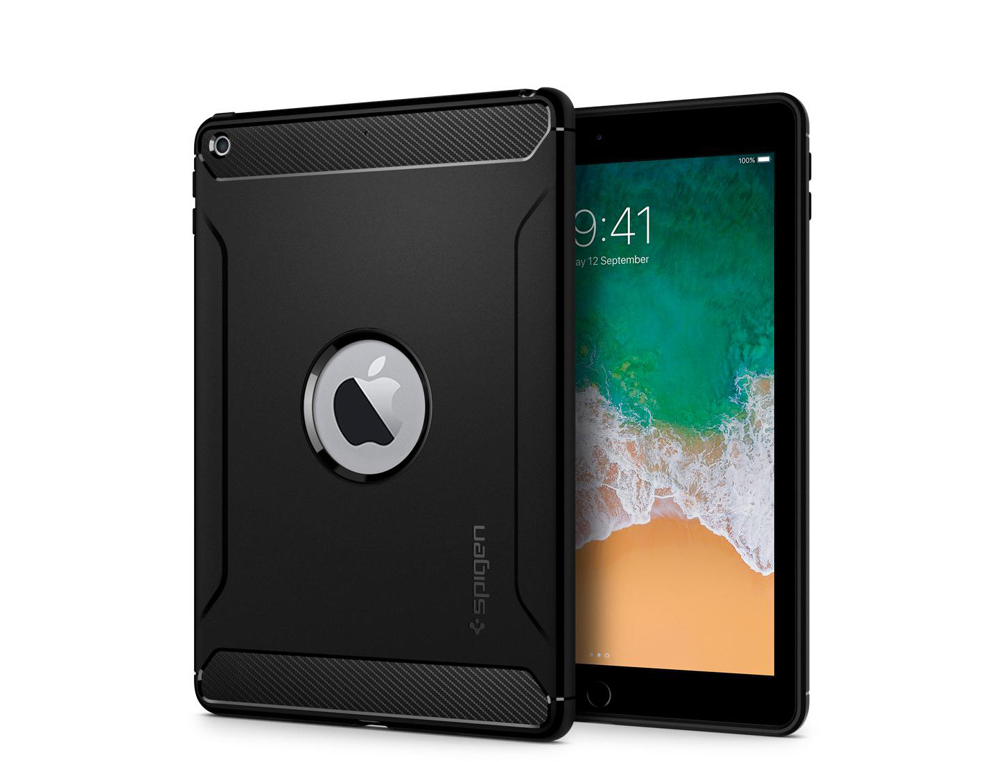 Capa Spigen Rugged Armor para iPad 9.7" Tablet preto com capa protetora preta e recorte para o logotipo da Apple
