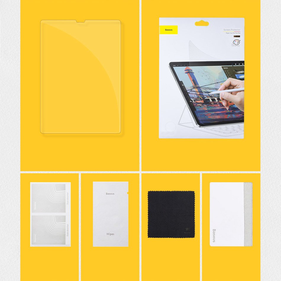 Película de Protecção de Ecrã 0.15mm Baseus Paper-like mate para iPad 10.2'' Suporte transparente para tablet com embalagem e acessórios sobre fundo amarelo