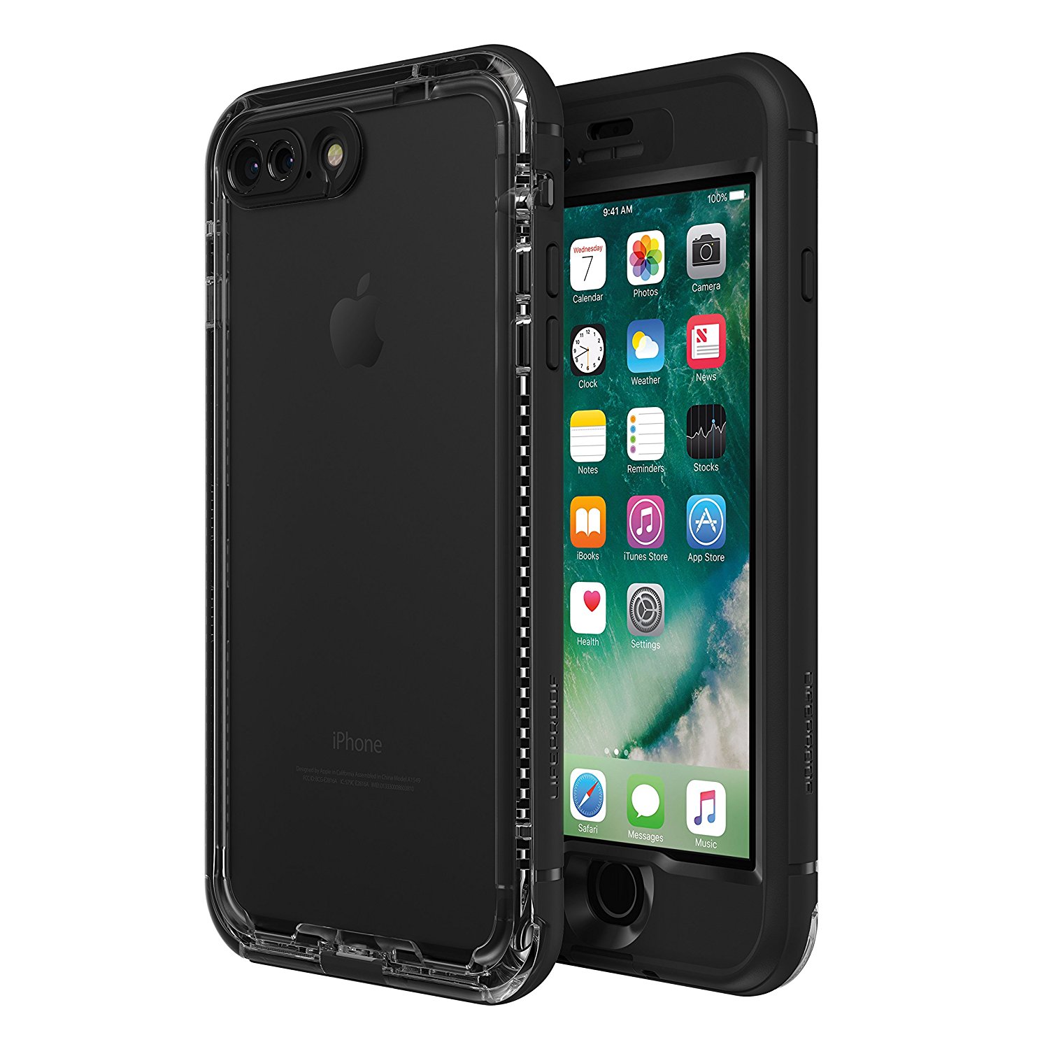 iPhone 7 Plus Capa Lifeproof NÜÜD Smartphone Apple iPhone com capa protetora preta e ecrã com ícones