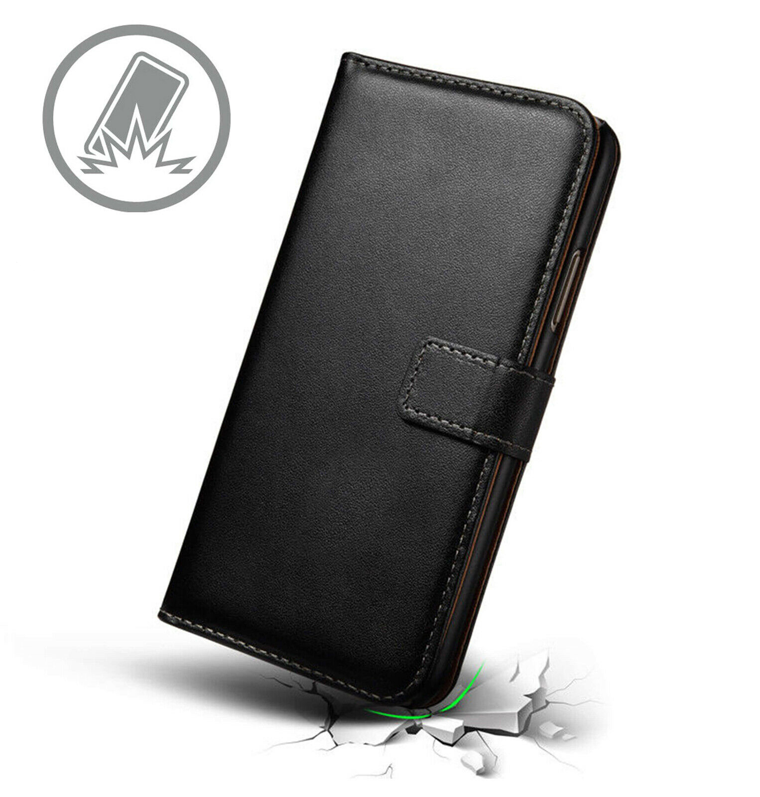 Capa Carteira Flip em Pele Genuína para iPhone SE/8/7 Capa preta para smartphone com fecho e ícone de resistência a impactos