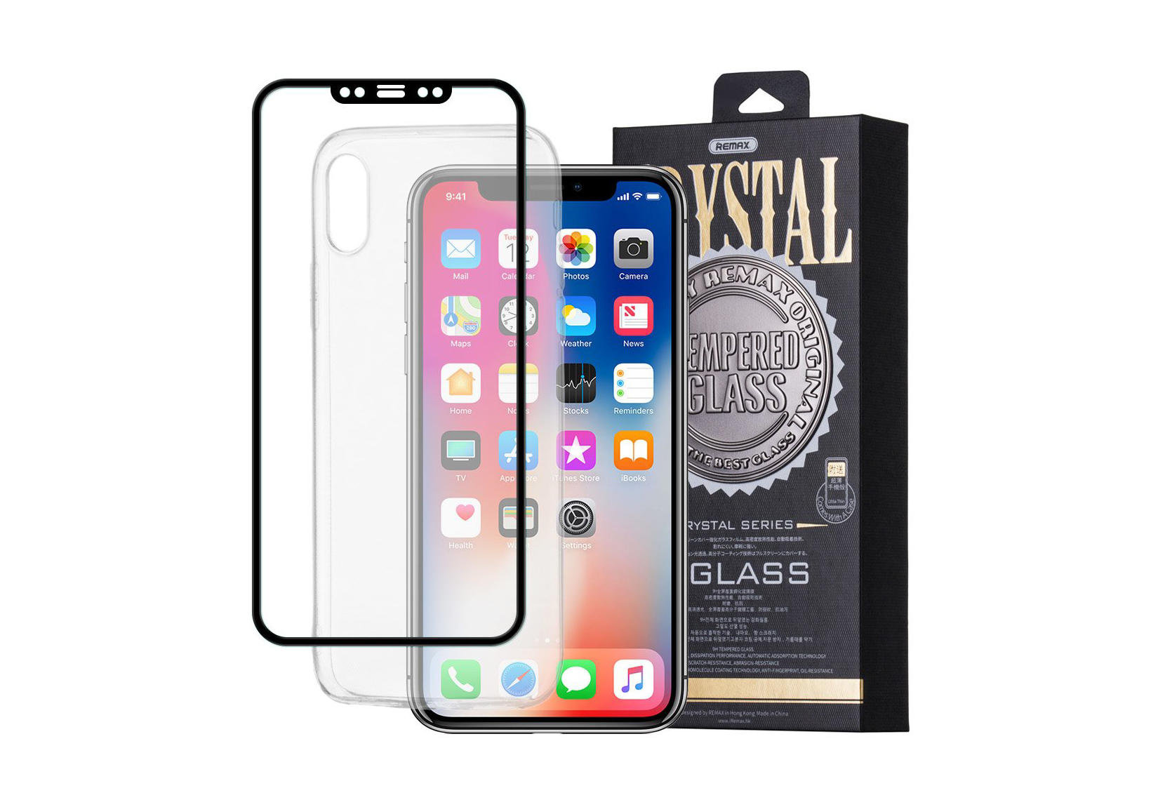 iPhone X/XS Capa Crystal Silicone 100% Clear + Vidro Temperado 3D Protetor de ecrã com packaging de vidro temperado para smartphone