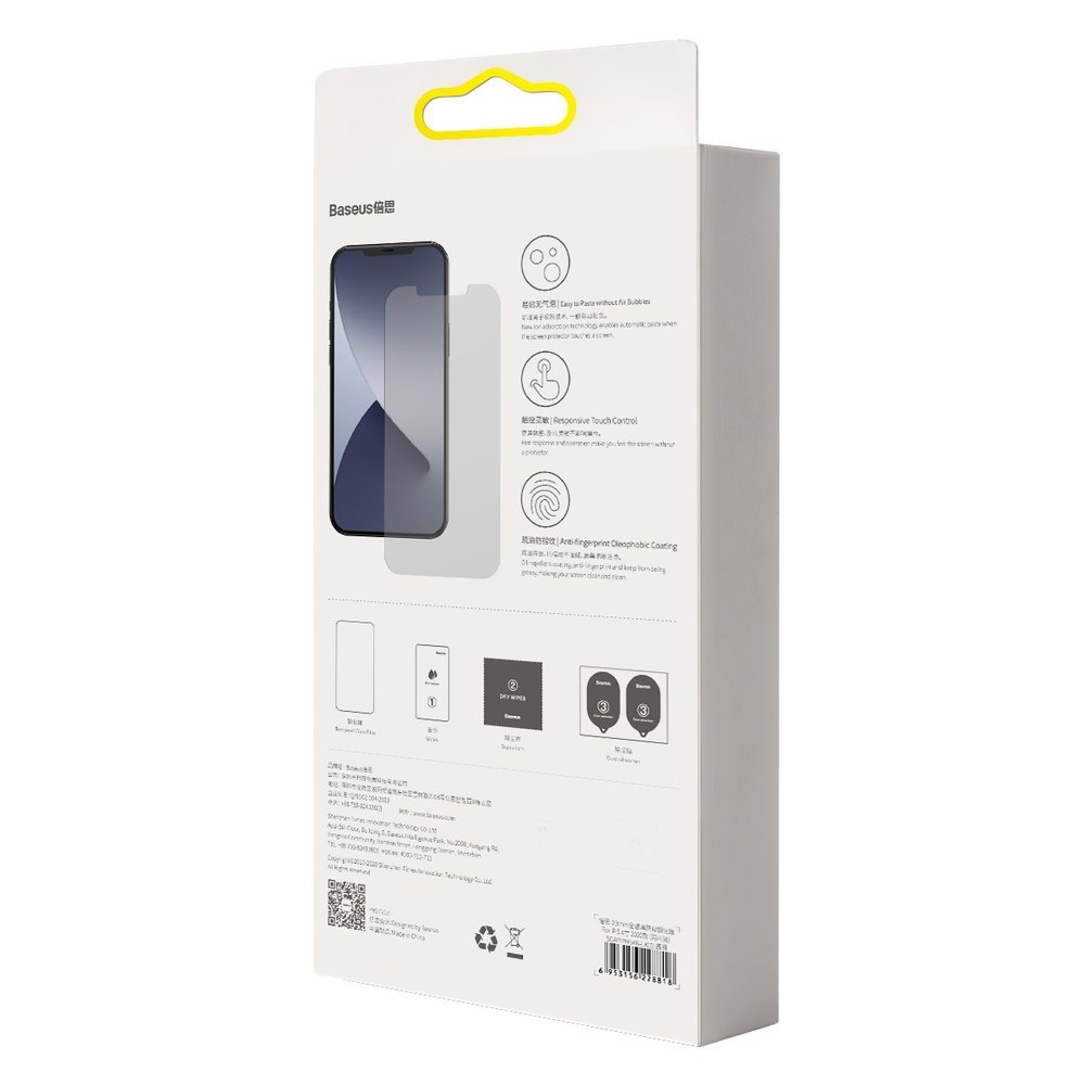 (Pack 2) Películas Protecção e Privacidade em Vidro Temperado Baseus Anti-Spy para iPhone 12 mini Embalagem de película protetora Baseus para smartphone com informações técnicas ao verso