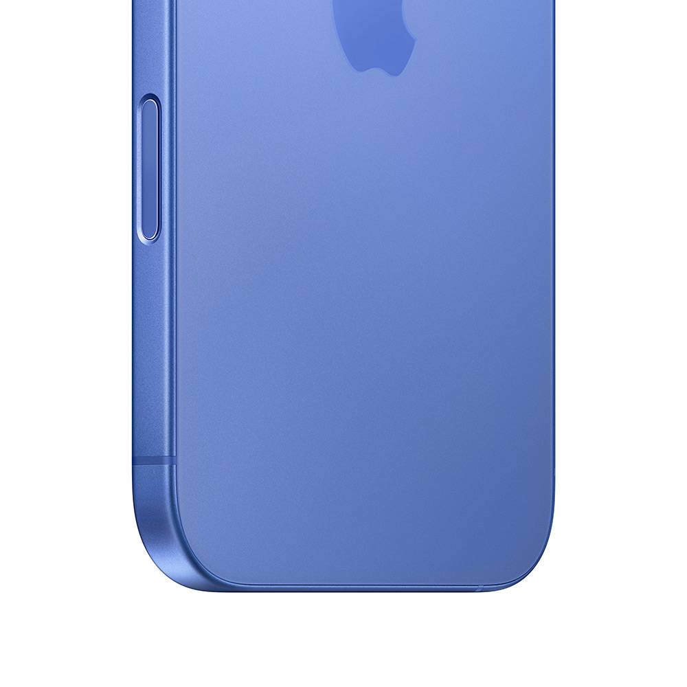 Parte inferior de telemóvel azul com botão lateral e logótipo da Apple