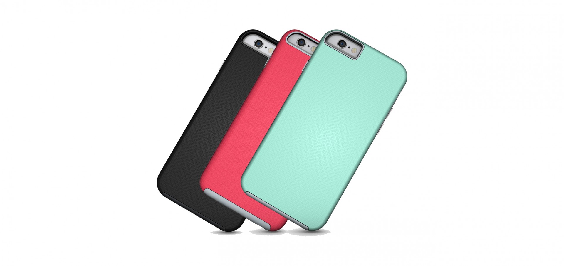 iPhone 6/6S Capa Anti-Shock Armor Rugged Telemóveis com capas protetoras preta, rosa e verde água num fundo branco