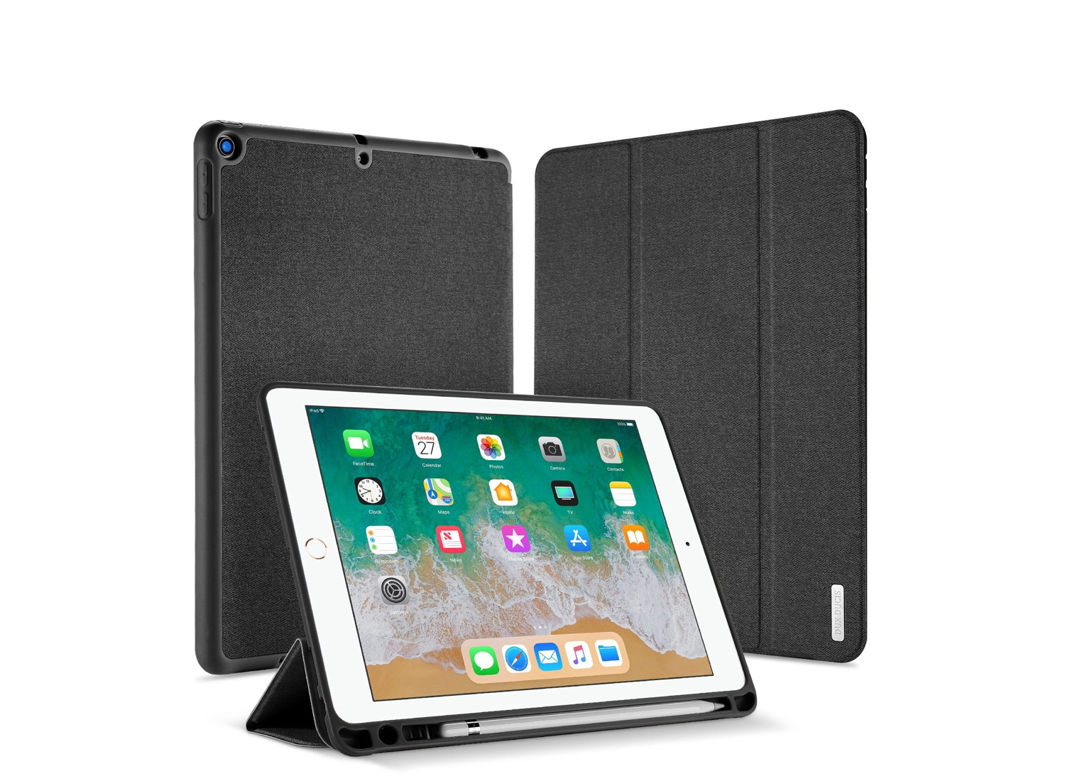 Capa Dux Ducis Domo Pencil para iPad 9.7'' Capa protetora preta para tablet mostrada em várias posições