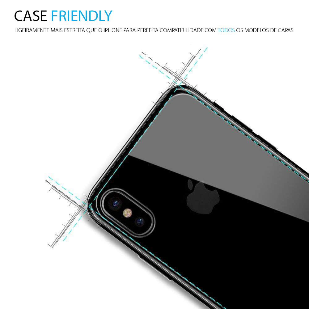 Películas de Protecção Traseira em Vidro Temperado iPhone X/XS Smartphone preto brilhante com lente dupla e texto CASE FRIENDLY
