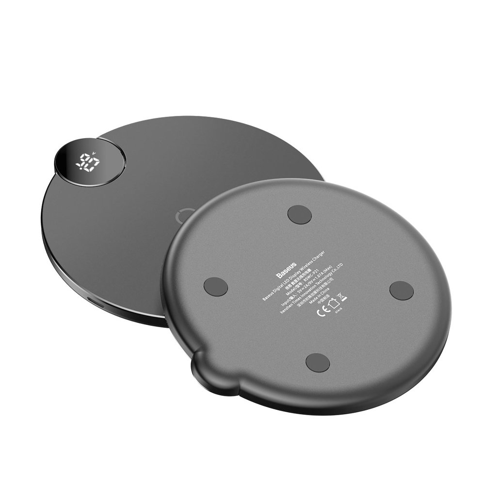Carregador sem fios preto com visor digital e base antiderrapante