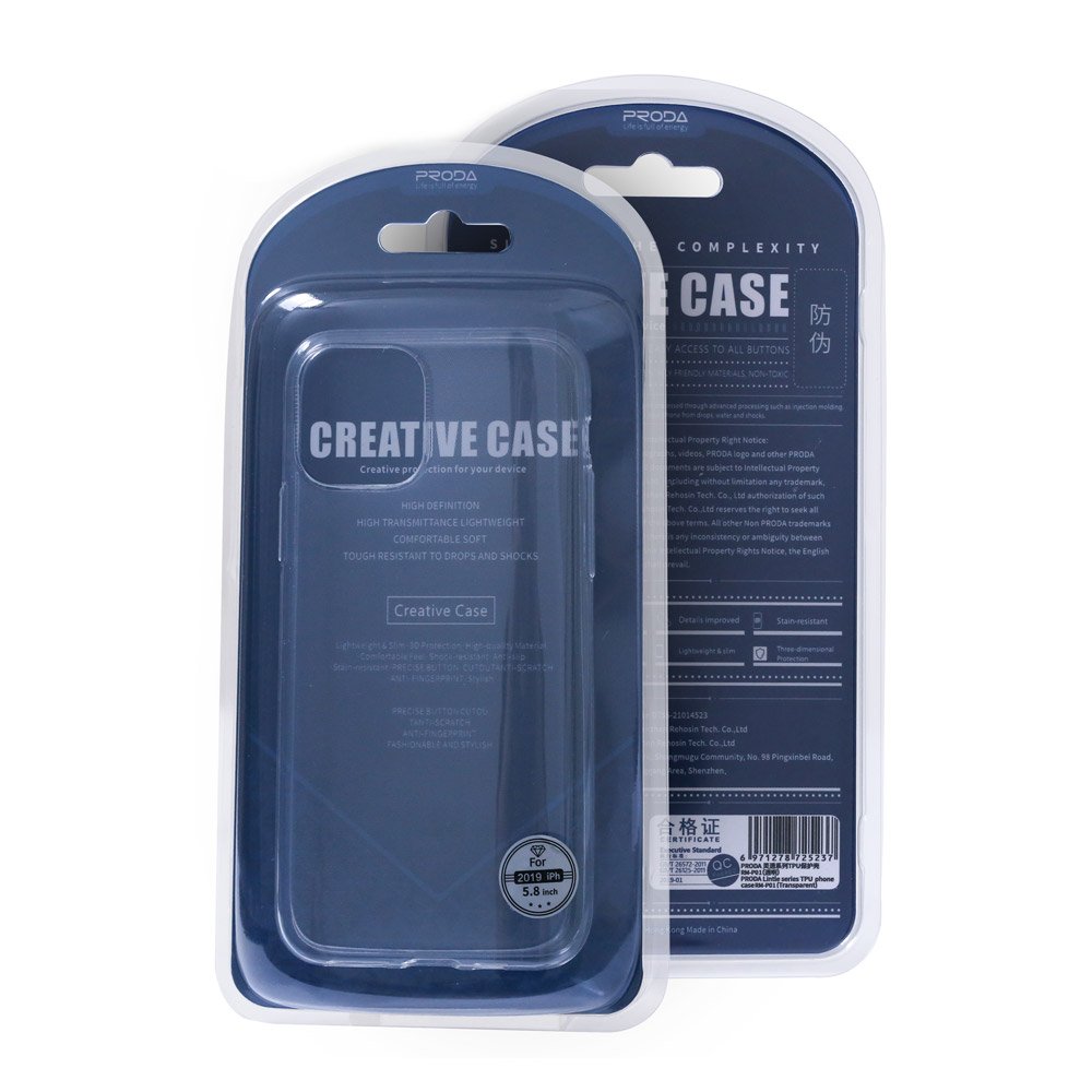 Capa Fina Proda Silicone 100% Transparente para iPhone 11 Pro Max Capa de telemóvel azul escuro em embalagem plástica transparente com cartão de suporte azul