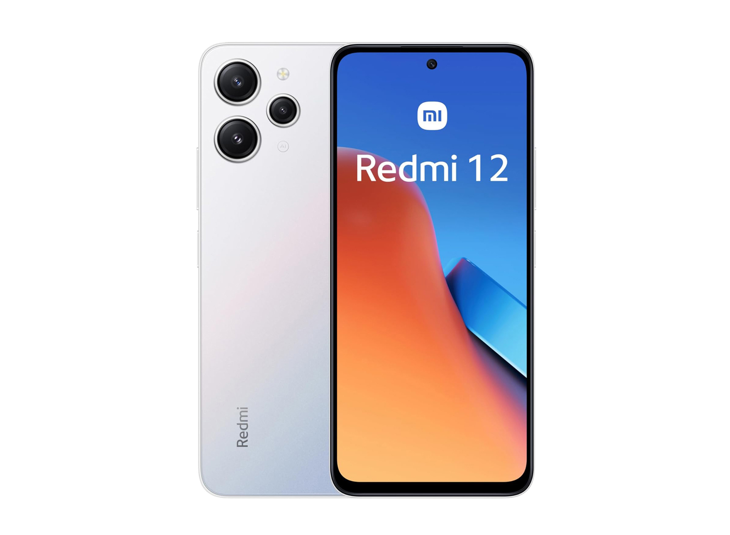 Xiaomi Redmi 12 8GB/256GB - Polar Silver Smartphone Redmi 12 branco com ecrã ativo mostrando texto e três câmaras traseiras