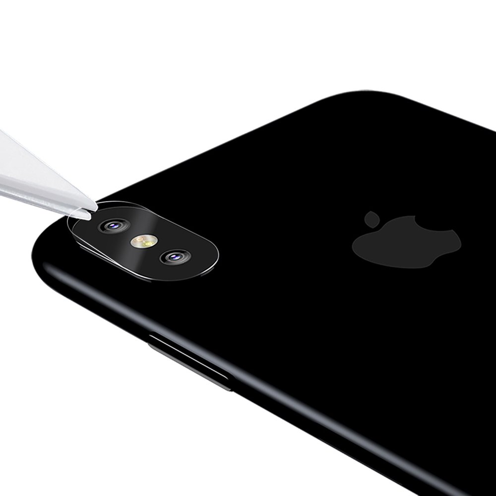 (Pack 2) Películas de Protecção de Câmara Traseira Baseus em Vidro Temperado para iPhone XS Max Smartphone preto com capa transparente a proteger a câmara dupla traseira